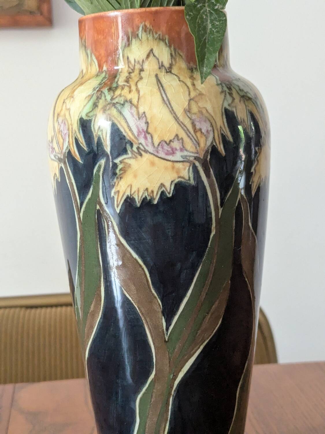Art Nouveau vase in glazed ceramic, floral decoration, Gouda type, circa