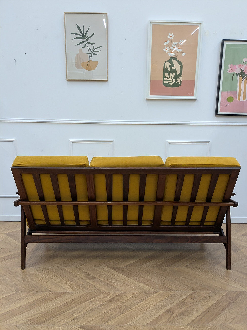 Canapé scandinave retapissé vintage teck