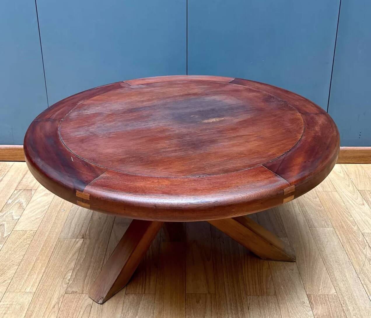 Vintage wooden coffee table with intersecting legs, France 1970