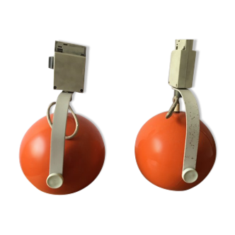 Pair of eye ball hanging lamps brand Erco vintage orange 70