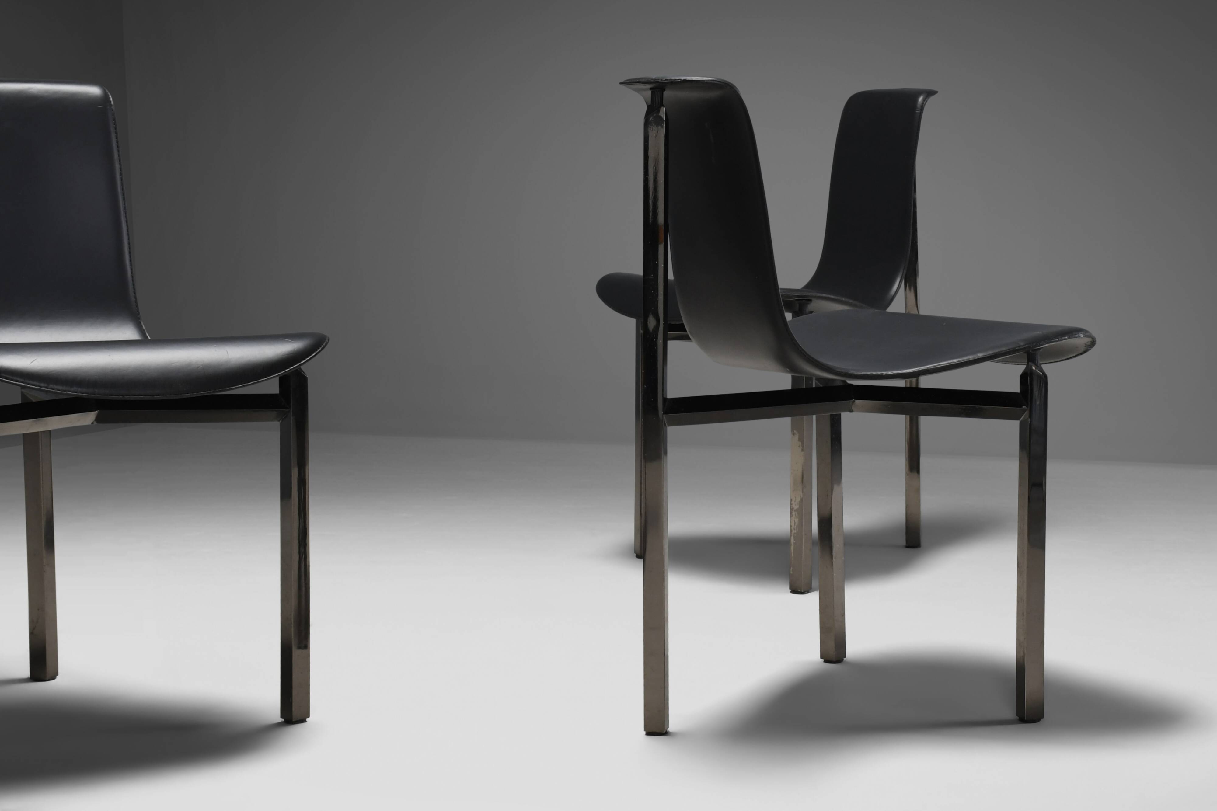 Leather Three-Legged Chairs with Chrome Finishes, Italy, 1970s