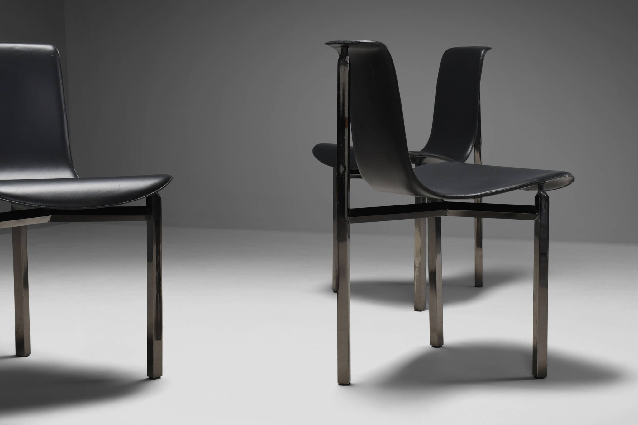 Leather Three-Legged Chairs with Chrome Finishes, Italy, 1970s