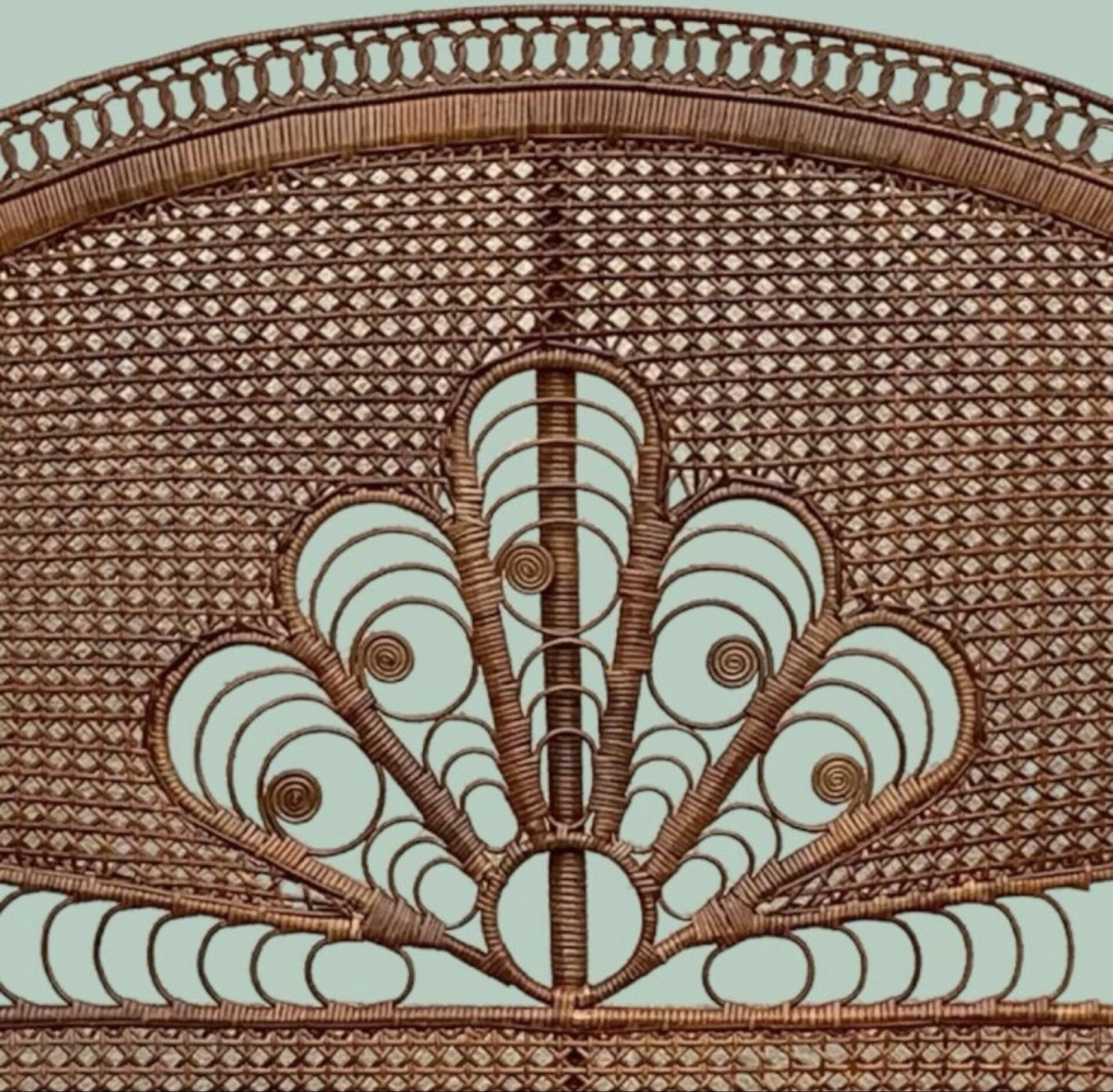 Large vintage headboard in woven rattan fan / Peacock 180cm