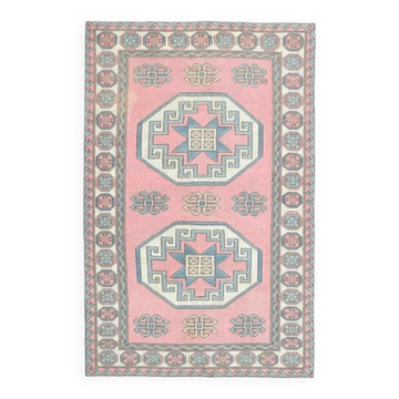 Tapis de zone vintage turc Oushak fait main en laine et coton rose 166x260 des années 1970