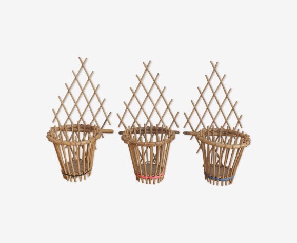 3 cache pots muraux vintage en osier et rotin +