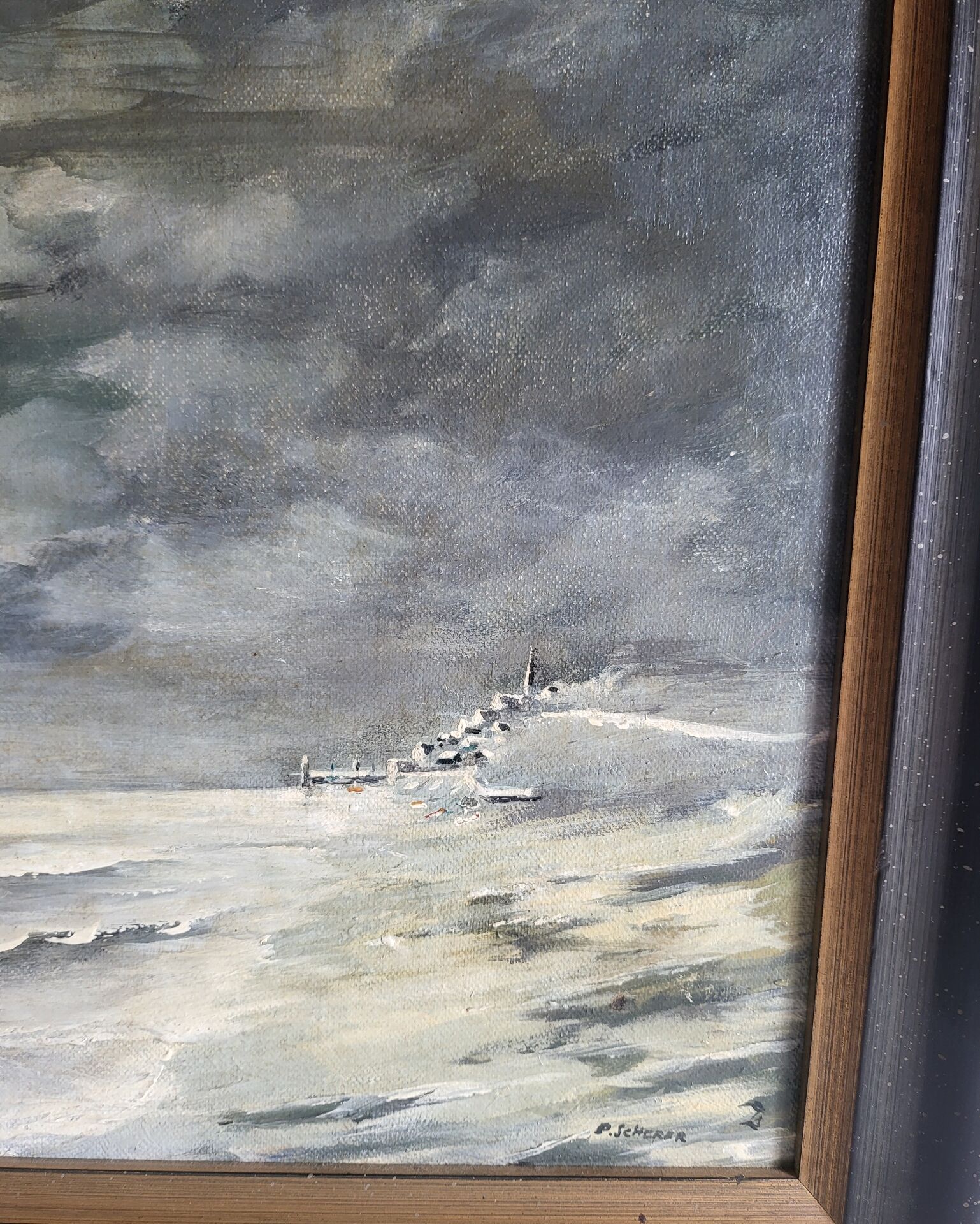 Oil on Panel P. Scherer Moonlit Seascape