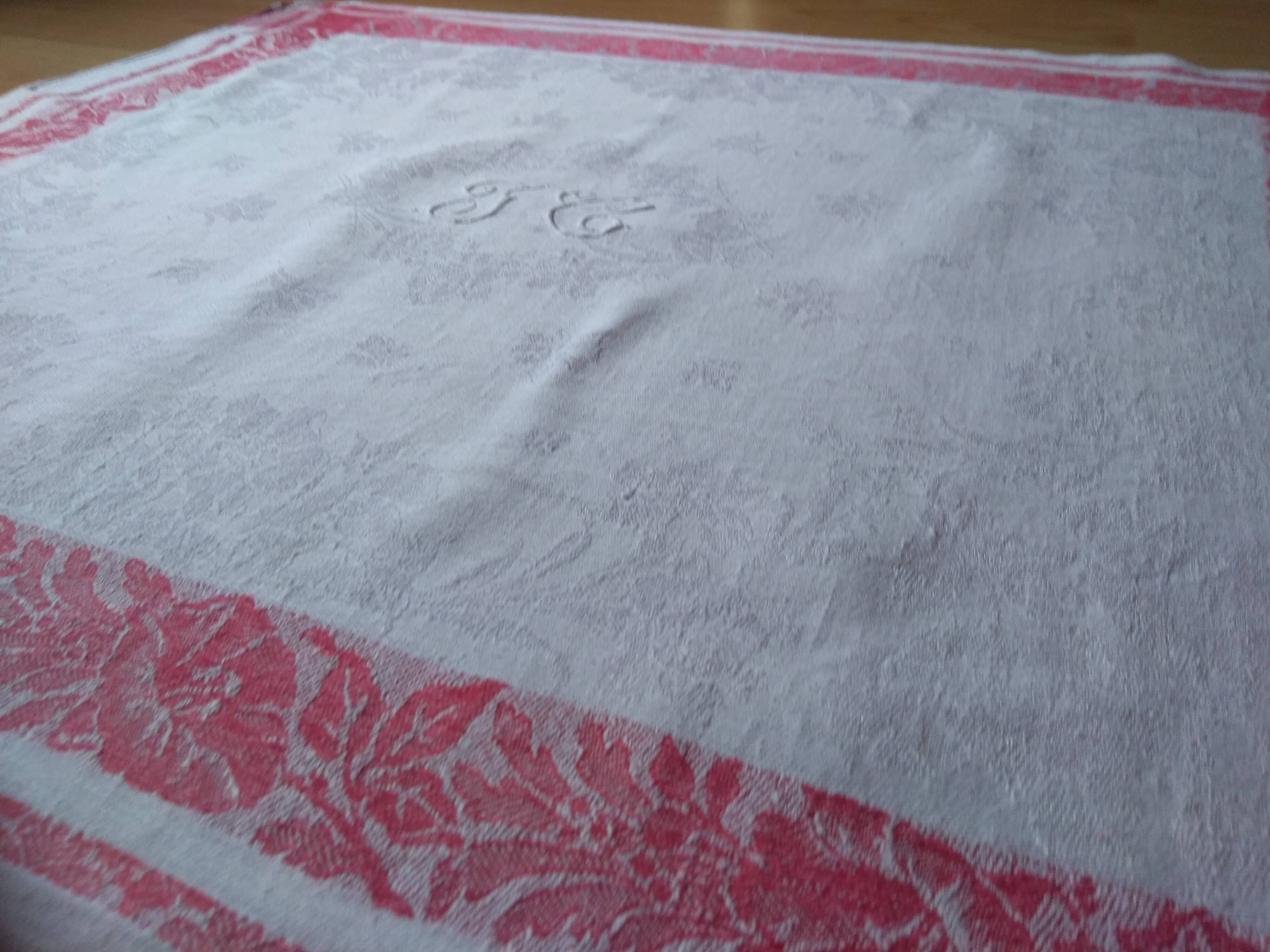 12 Ancient towel embroidered monogrammed JC floral red litter Napoleon III