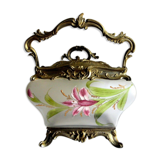 Rocaille Louis XV-style rectangular biscuit bucket, Legras enamelled glass: Pink lily