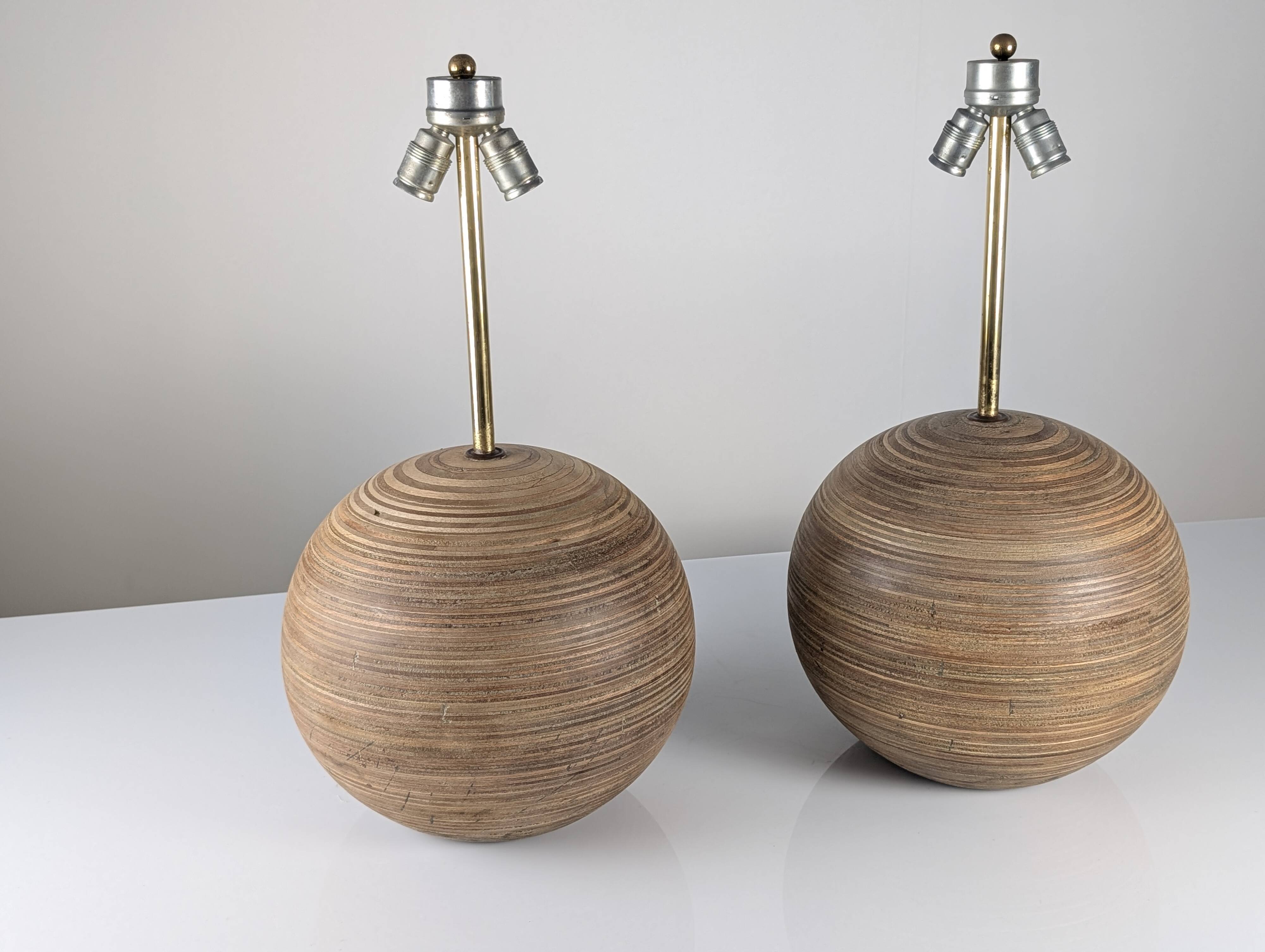 Pair of Large Table Lamps in Laminated Wood and Brass, 1960s