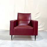 Vintage burgundy armchair, compass base in black metal and brass