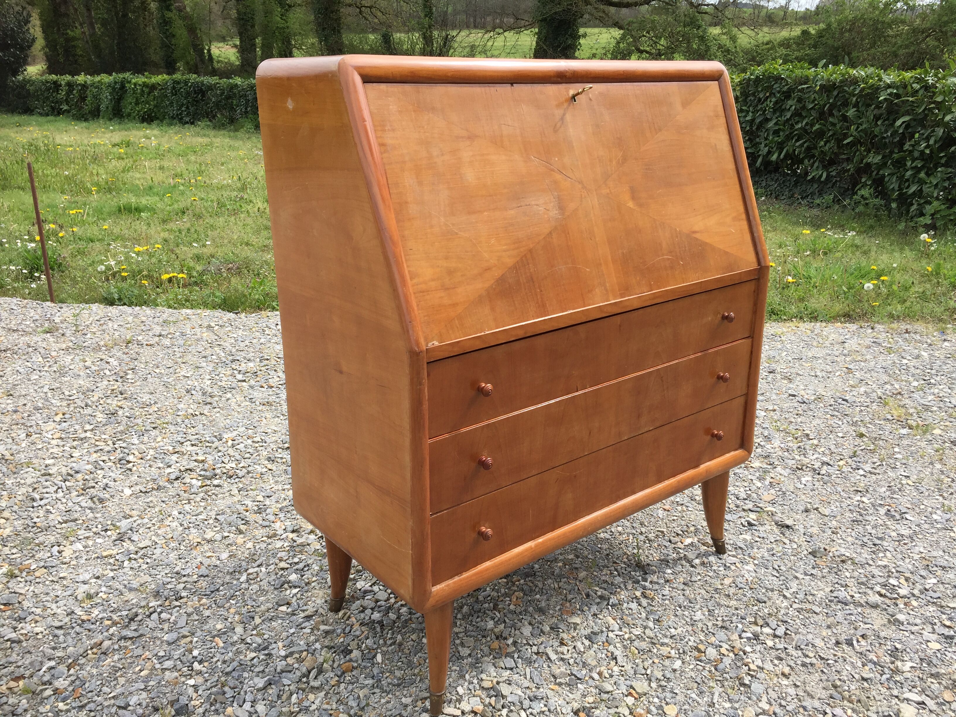 Vintage secretary desk, known as donkey's back, in cherry wood, Italian by Marelli & Fratelli.