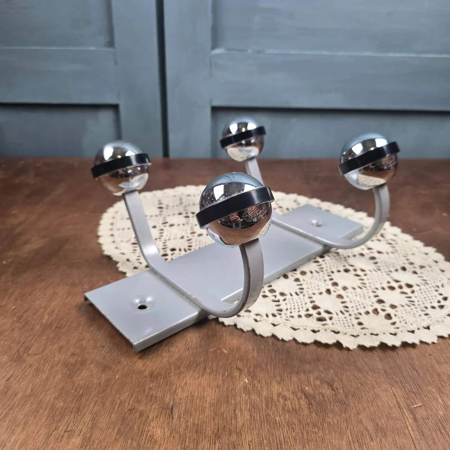Grey Space Age wall coat rack with 4 chrome ball hooks vintage