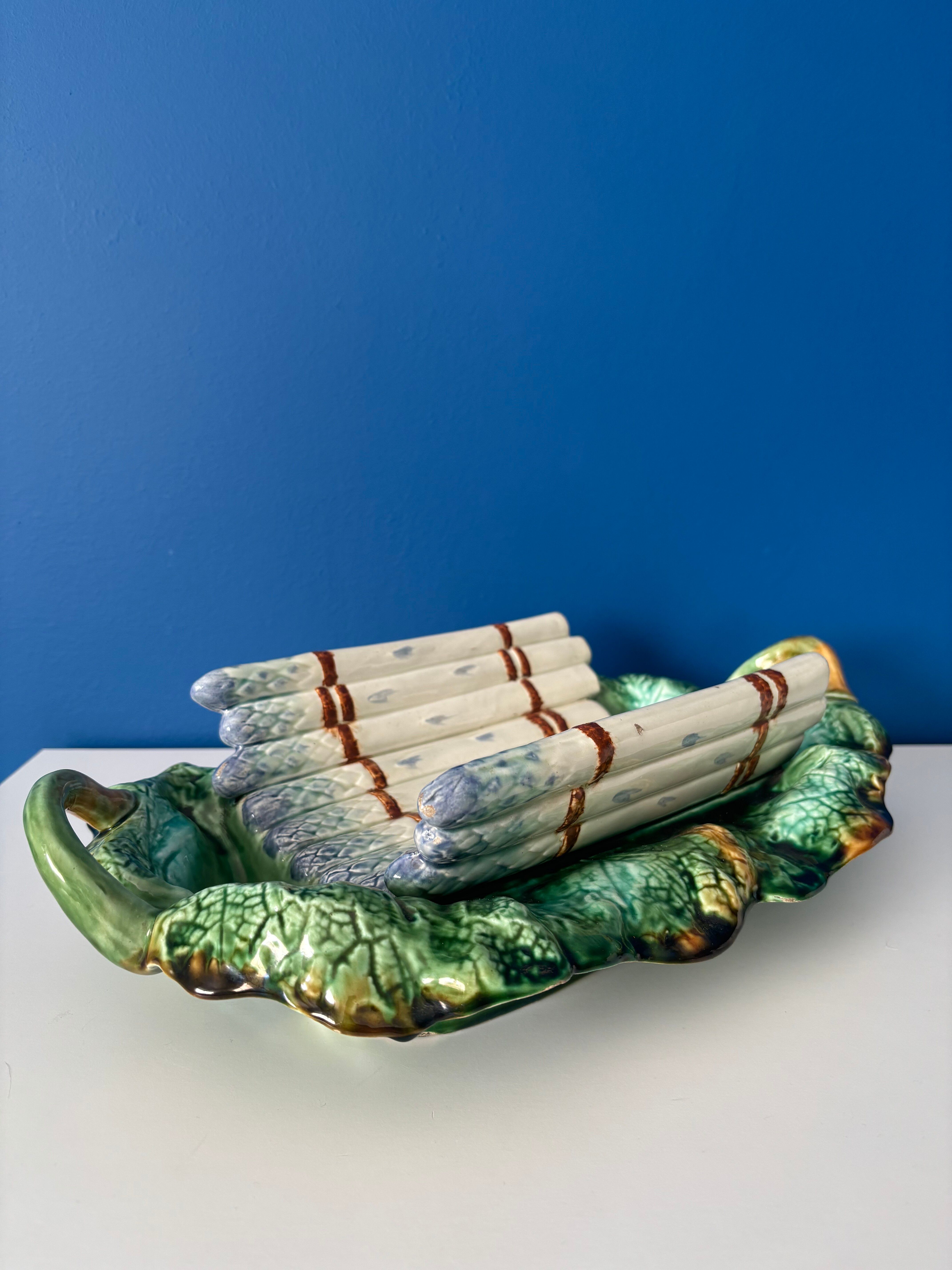 Antique asparagus dish in barbotine – Barbotine serving dish