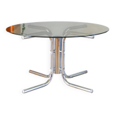 Table basse ronde en verre fumé et chrome, piètement étoile, design, 1970