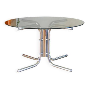 Round coffee table in smoked glass and chrome, star base, design, 1970.