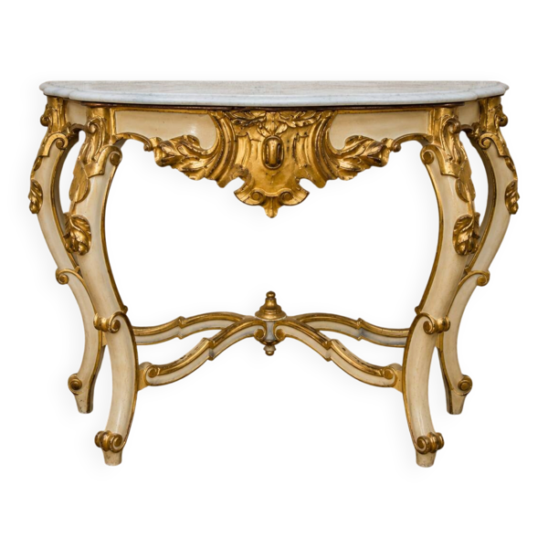 Console de style Louis XV – Bois laqué crème et doré – Dessus de marbre