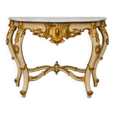 Console de style Louis XV – Bois laqué crème et doré – Dessus de marbre
