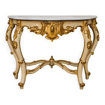 Louis XV style console – Cream and gold lacquered wood – Marble top