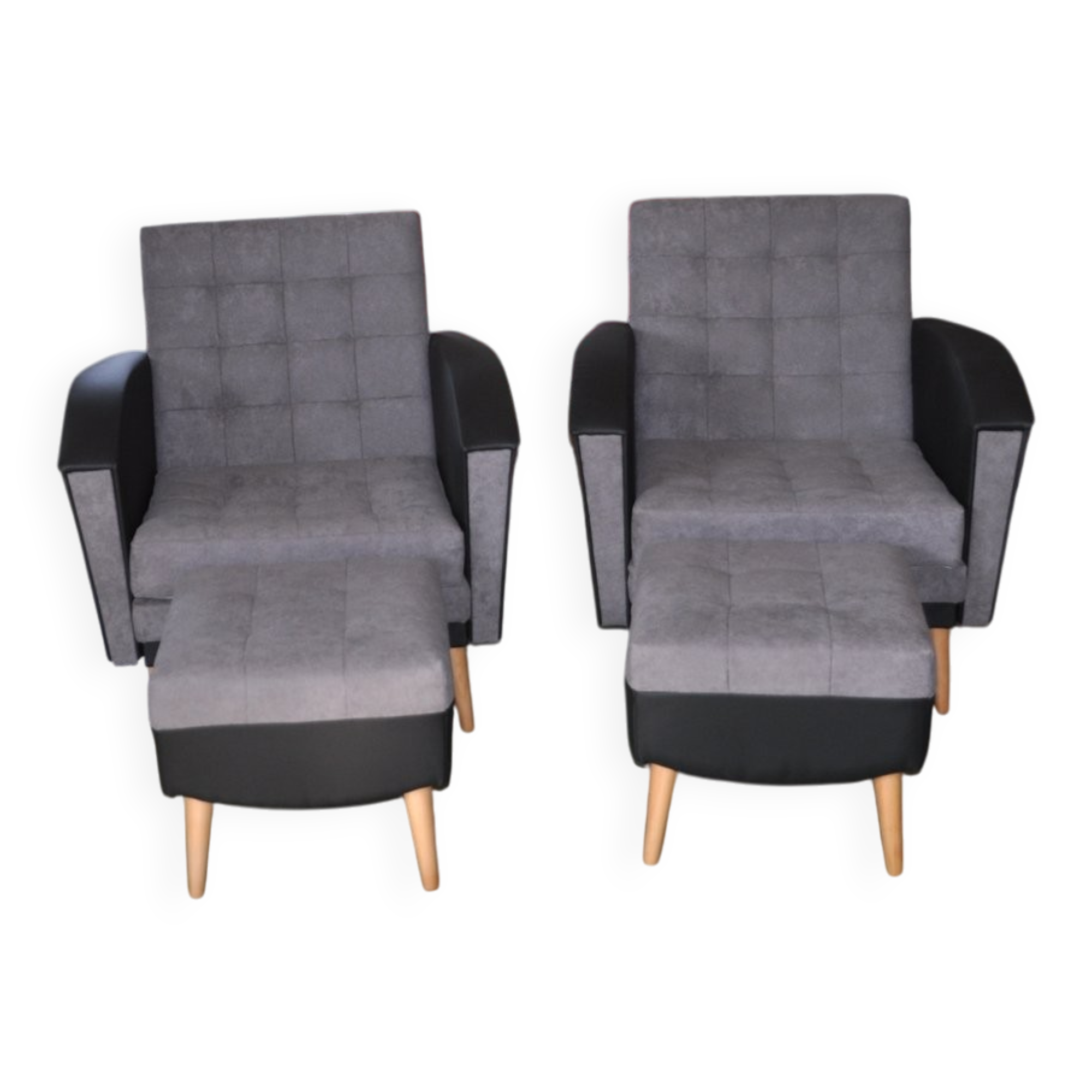 Vintage 1960 set of 4 armchairs and ottomans in grey fabric and black faux leather.