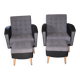 Vintage 1960 set of 4 armchairs and ottomans in grey fabric and black faux leather.