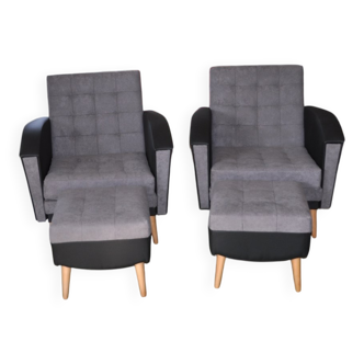 Vintage 1960 set of 4 armchairs and ottomans in grey fabric and black faux leather.