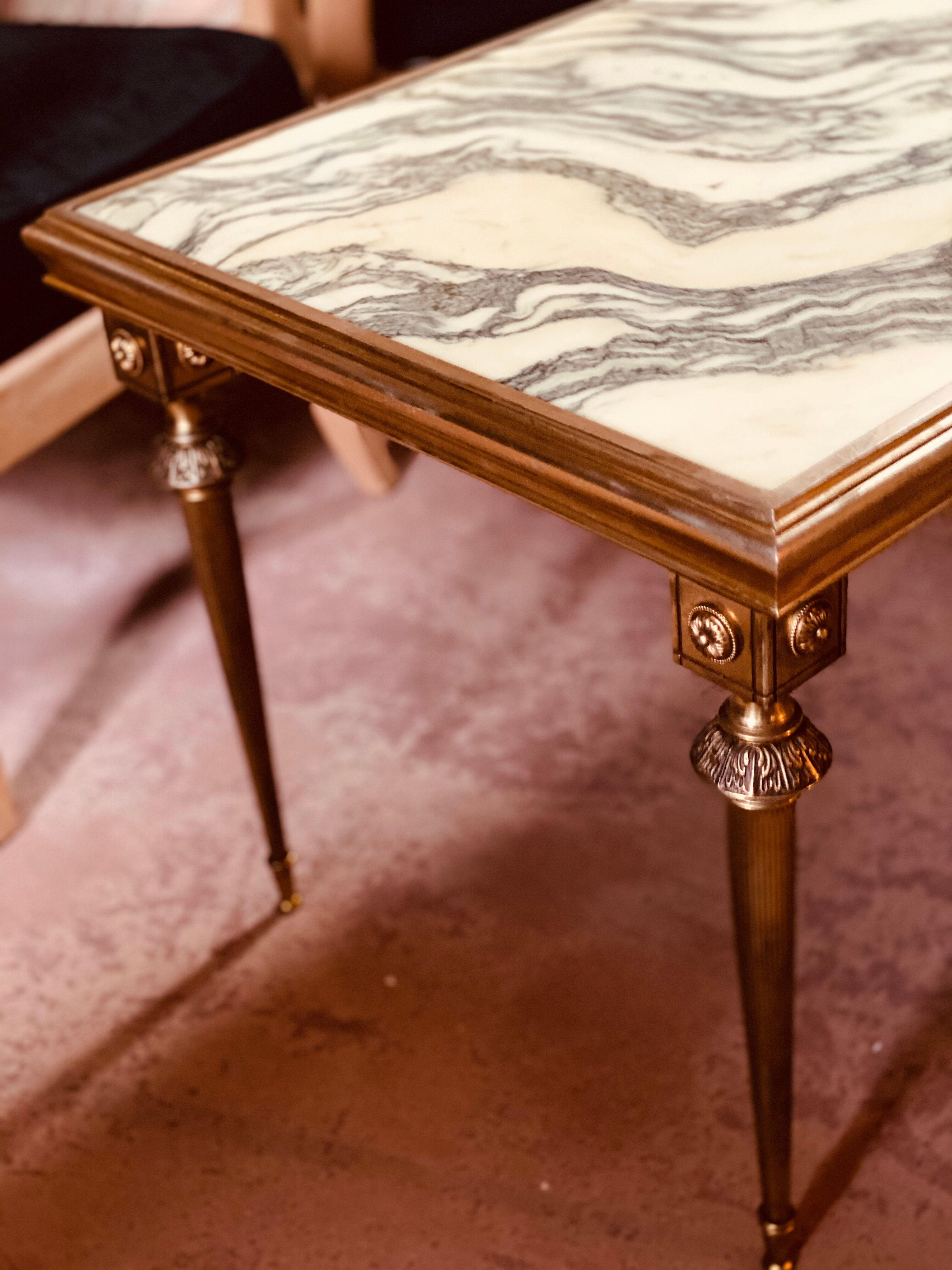 A mid-century marble top and brass frame coffee and cocktail table, circa 1960s