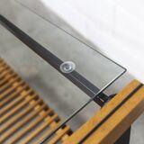 1960s serving cart, hi-fi cabinet on casters, teak, black metal, glass