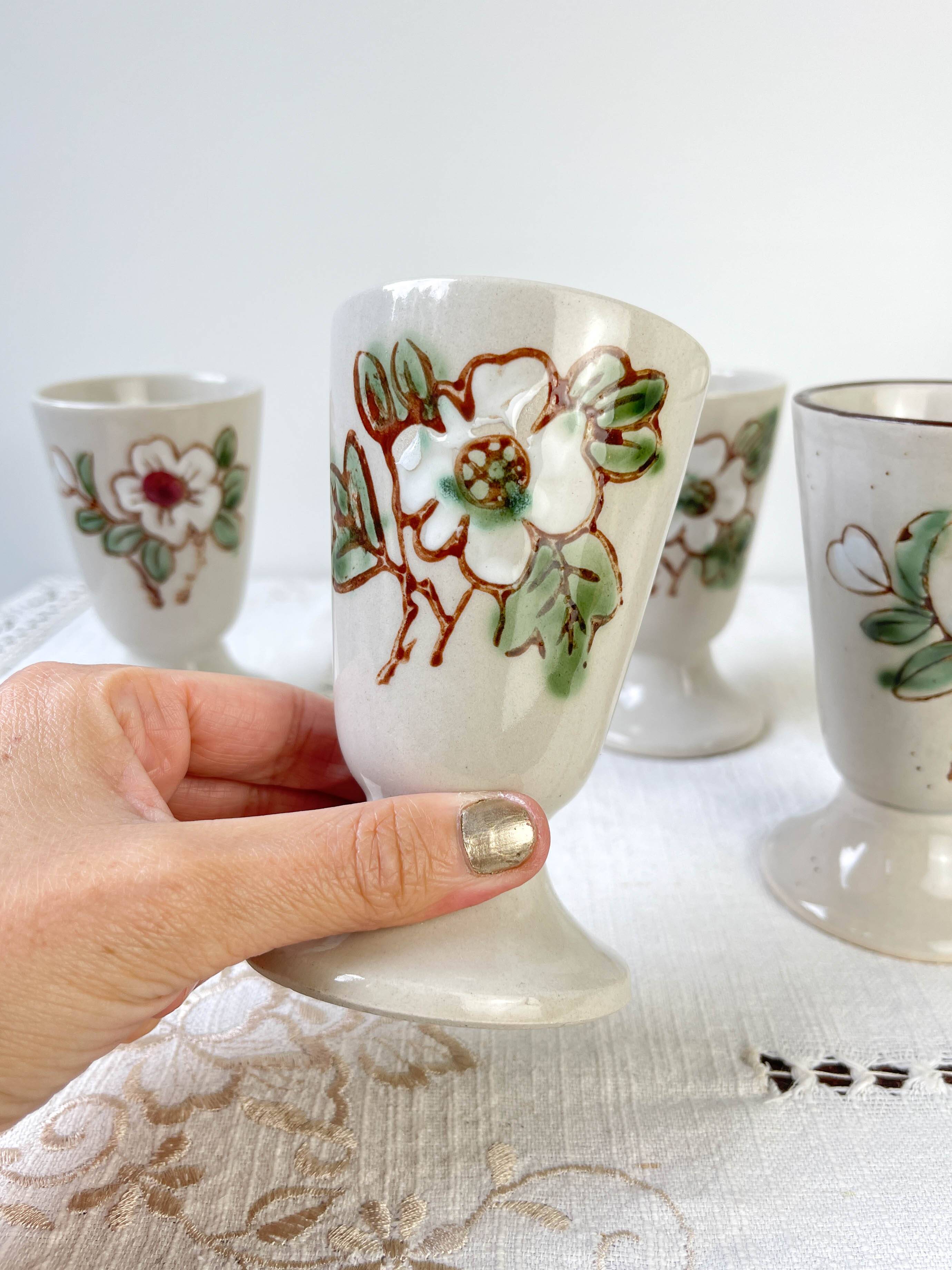 5 vintage stoneware Mazagrans with floral pattern Made in Korea 1980