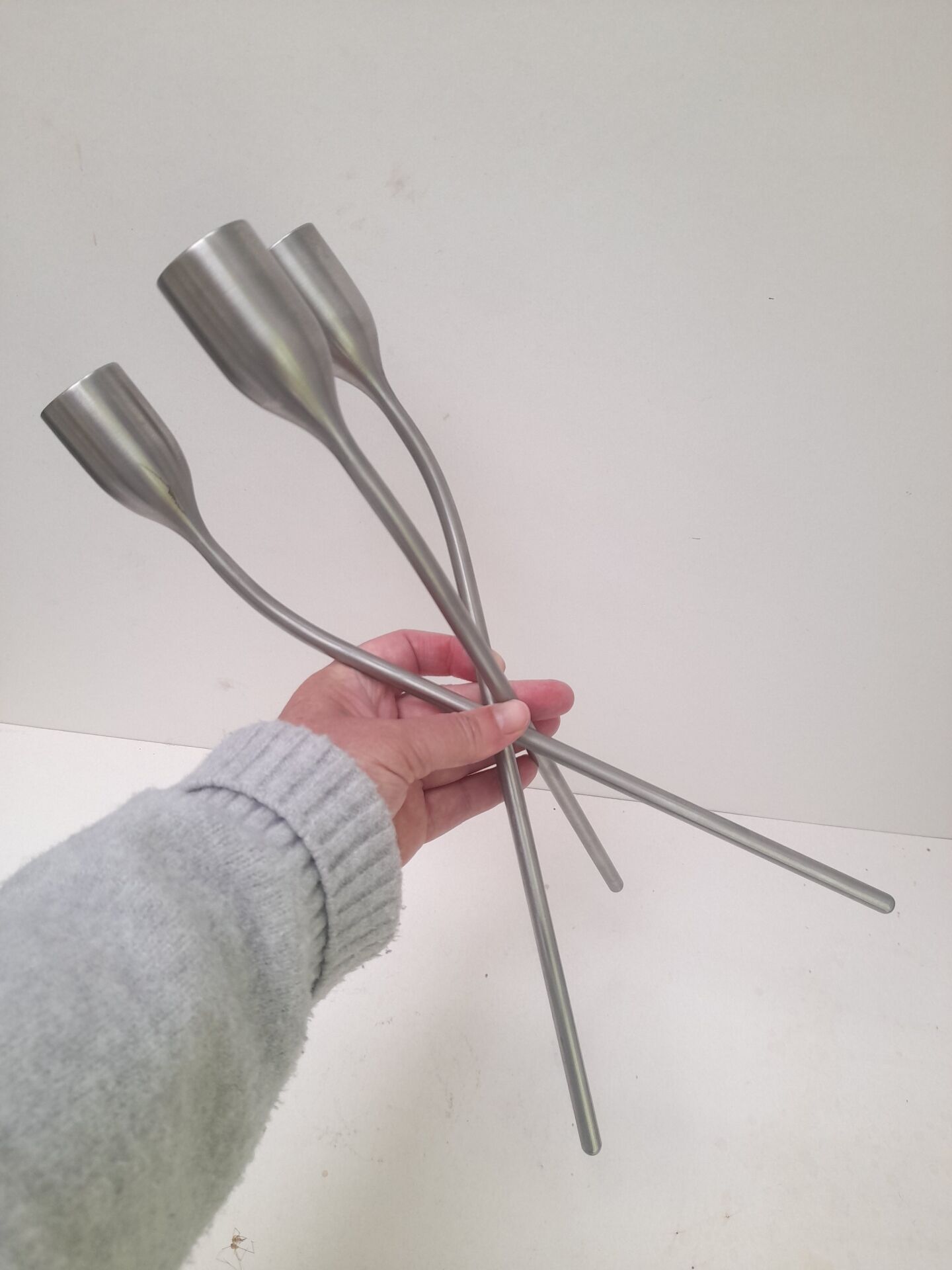 Large tripod candlestick in brushed aluminium