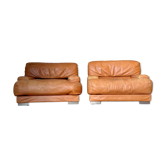 Paire de fauteuils vintage Gérard Guermonprez cuir fauve et inox, France 1970