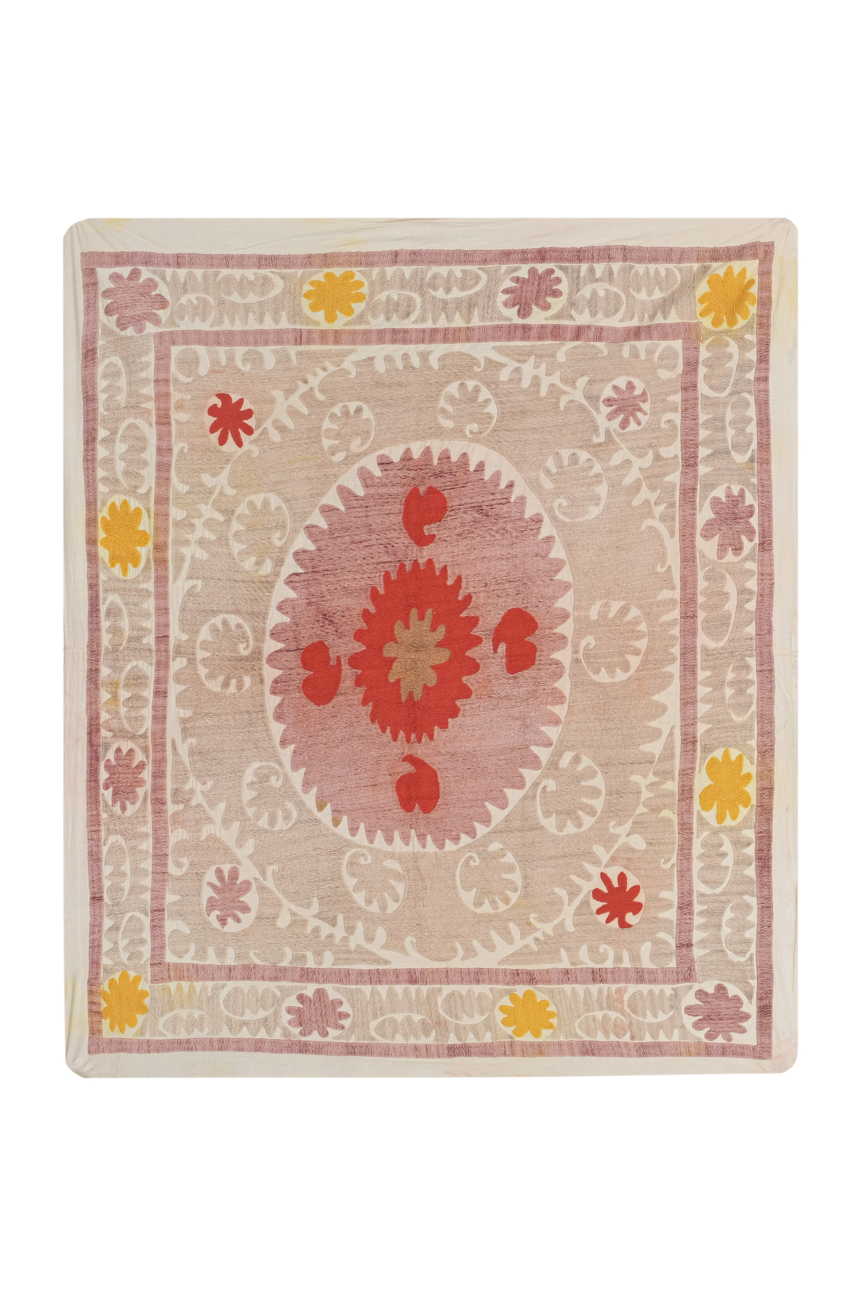 Embroidered tan suzani table cover, vintage tan and pink old embroidery textile