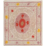 Embroidered tan suzani table cover, vintage tan and pink old embroidery textile