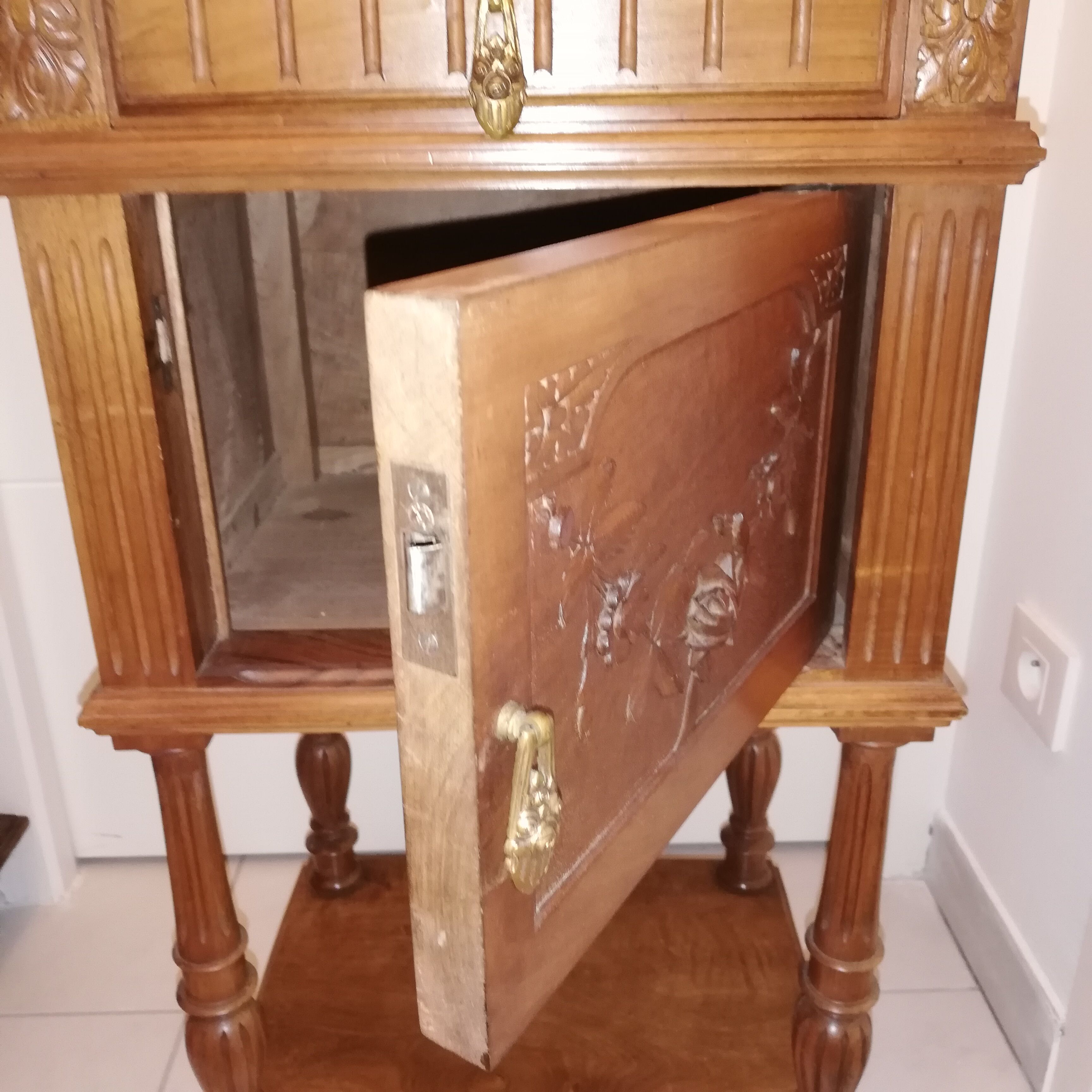 Louis XVI style bedside with marble top and carved door