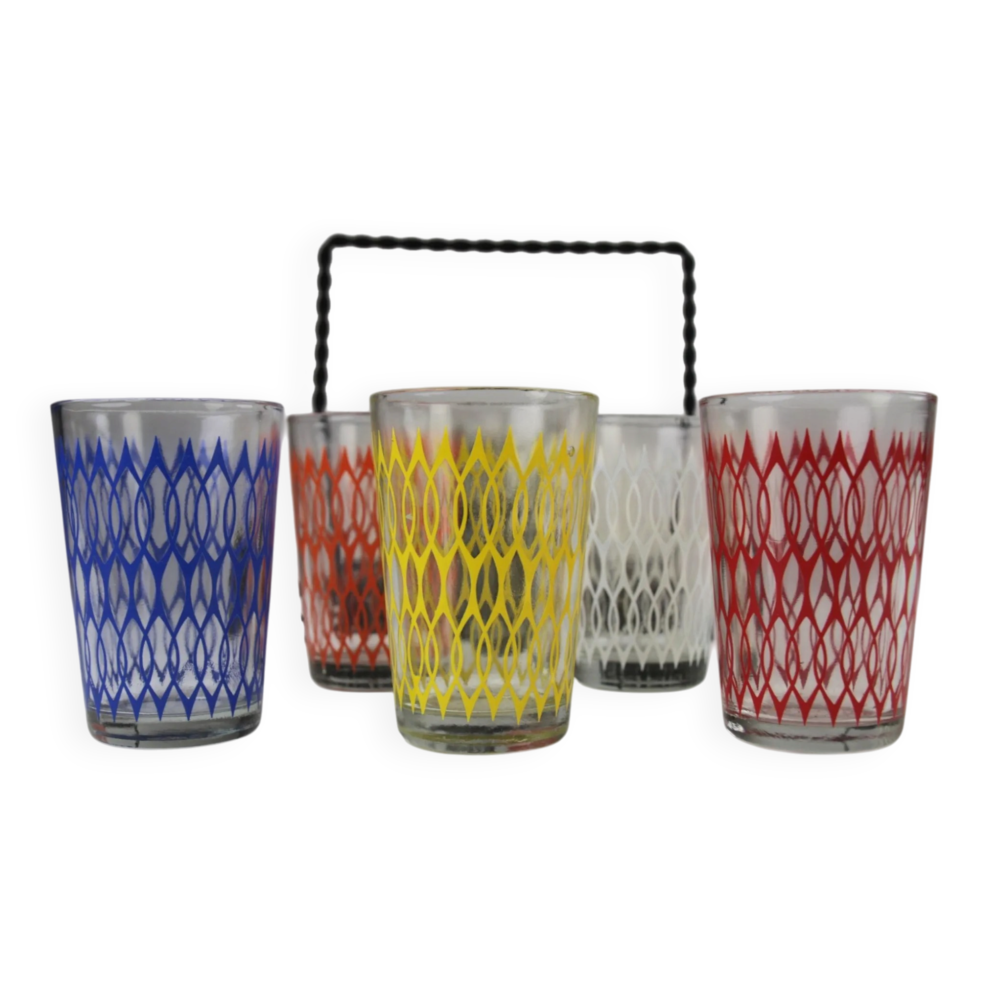 Set of 6 Vintage Lemonade Glasses in Black Metal Carrier — Made in Holland, 1960s/1970s