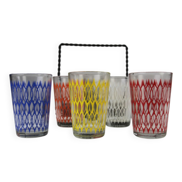 Ensemble de 6 verres à limonade vintage dans un support en métal noir — Fabriqué aux Pays-Bas, années 1960/1970
