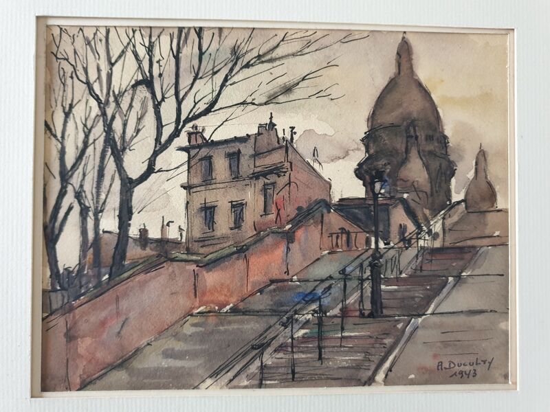André Duculty (1912-1990) Watercolor on paper "Escaliers de la Butte Montmartre à Paris" Signed