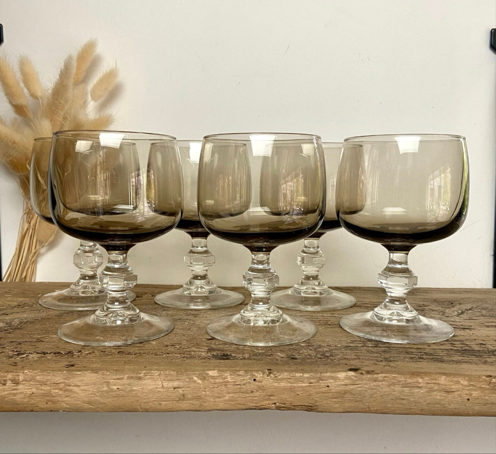 6 vintage smoked stemmed glasses