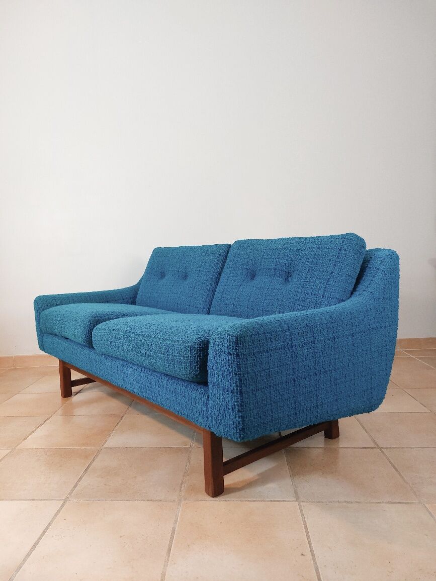 Norwegian living room set in blue fabric, vintage scandinavian 1960s