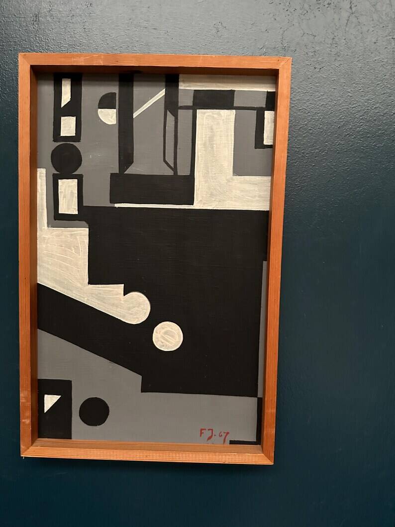 Original Danish Oil on Canvas – “Cultural Revolution in the Passerenden” by Finn Johansen 1967 – Vintage & Framed – 56.5×36.5cm (22.2" × 14.4")
