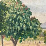 1920s french oil painting / panel. landscape. fields, trees and mountains
