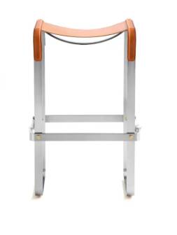 Contemporary bar stool in aged silver steel and natural tobacco leather.