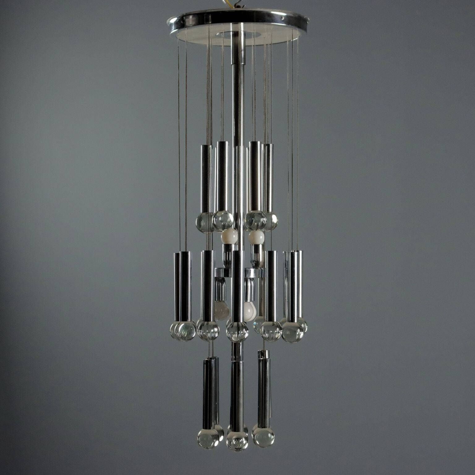 Vintage Italian chandelier, chrome-plated metal and glass design, original