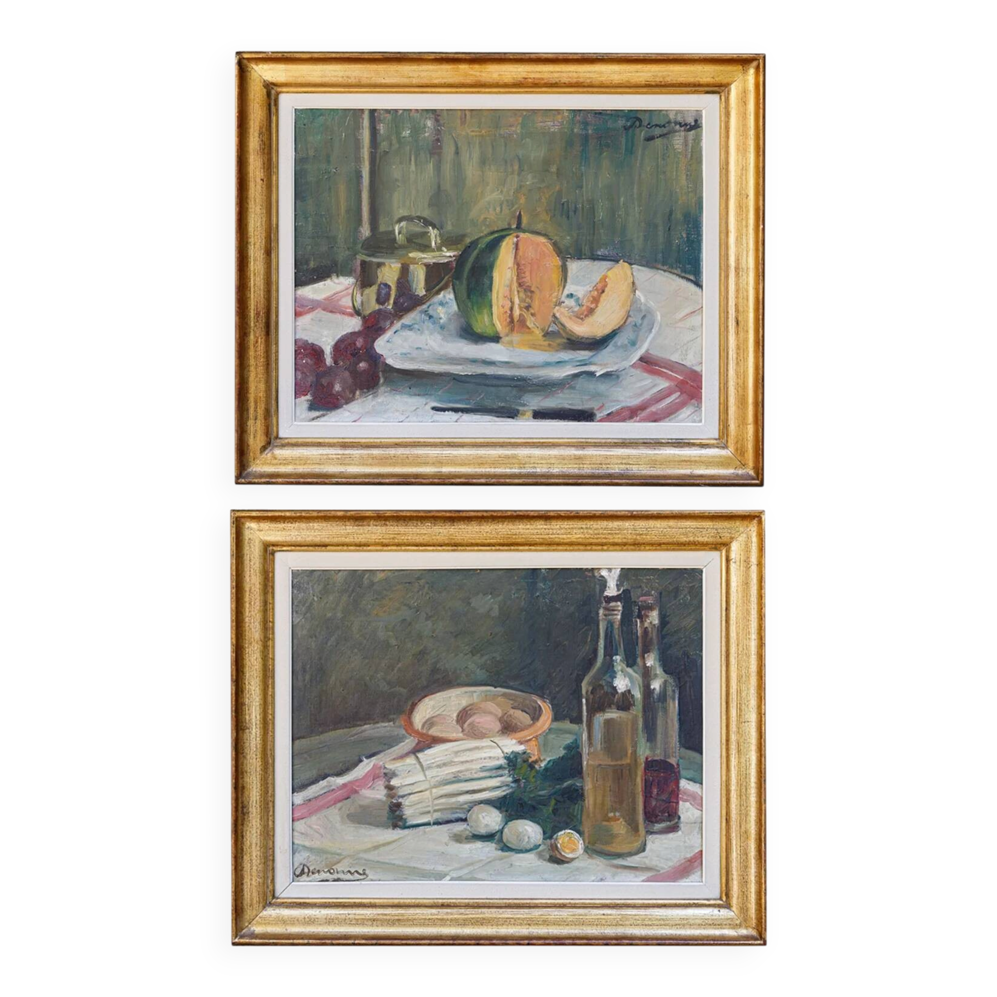 Set of oil paintings "Asparagus & eggs" and "Melon" by Alexandre Denonne