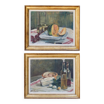Ensemble de peintures à l’huile « Asparagus & eggs » et « Melon » par Alexandre Denonne