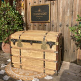 Exceptional curved leather/brass box with beautiful restored clasps.