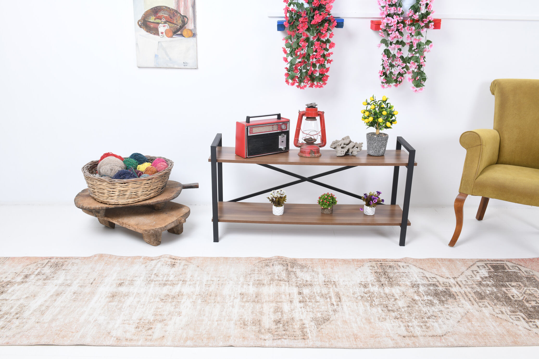 Distressed wool vintage runner rug 312x76cm