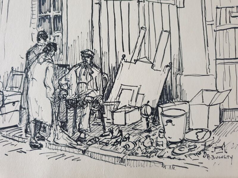 André Duculty (1912-1990) India ink on paper "The unpacking of the second-hand dealer" Signed below