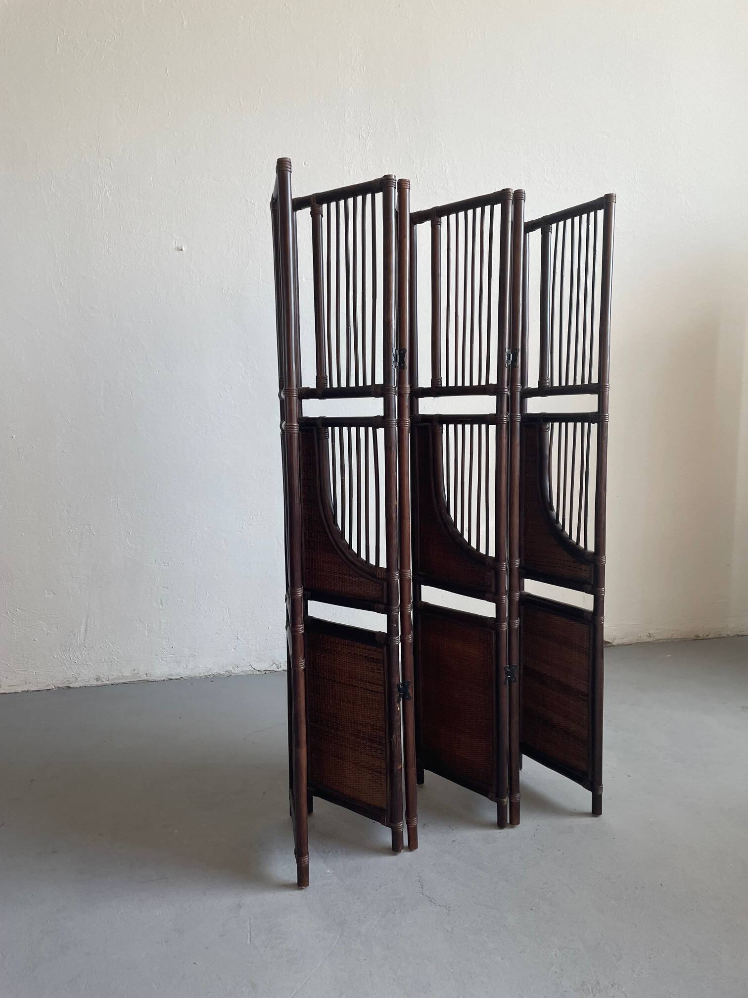 Vintage Six Panel Tinted Bamboo and Rattan Screen, Room Divider