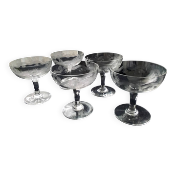 5 Vintage champagne coupes with frosted decoration