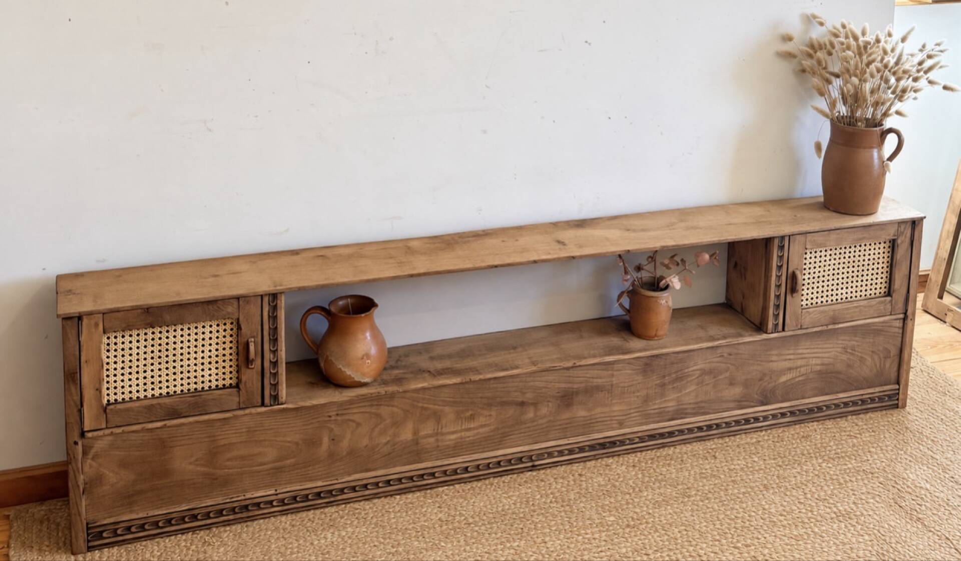 Vintage oak sideboard TV unit with raw finish and caning.